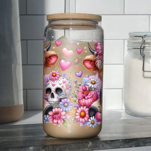 Coquette Halloween Libbey Glas Highland Cow Burkplast 16oz Sublimering Trendig Design PNG Pastell Halloween Spooky Coquette PNG Skelett bild 3