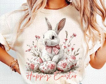 Happy Easter PNG, Grand Millennial Easter Png, Blue Floral Chinoiserie Bunny Png, Pink Toile Easter Rabbit Png, Girls, Easter Coquette Png