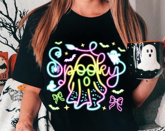 Cute Colorful Neon Spooky Ghost Png, Halloween Boo Bow Png, Neon Halloween PNG, Boo Ghost Shirt Png, Cute Boo Halloween Sublimation Design