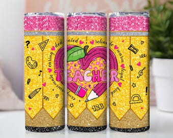 Glitter Teacher Tumbler Wrap, 20oz Skinny Tumbler Sublimation Design, Teacher Appreciation Tumbler Wrap, Gift for Teacher, Teacher Pencil