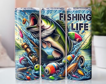 Fiskarens tumblerwrap, sublimering av fiskeliv, 20oz rak tumblerwrap sömlös design, digital nedladdning av PNG-fil, Lake River