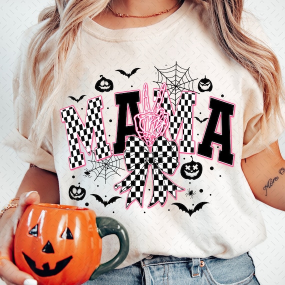 Spooky Mama Neon Png, Halloween Png, Spooky Season Png, Halloween Checkered Png, Spooky vibes Png, Halloween Mama Coquette Bow Sublimation