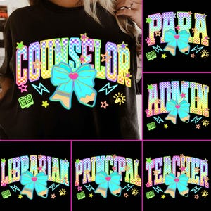 Retro Back to School Neon Checkered Png Bundle, School Occupation Png, First Day Of School Teacher Sped Para Librarian Png, Bright Color Png