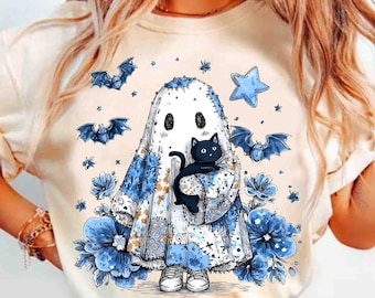 Retro Halloween Blue Denim Png, Trendy Patchwork, gruseliger Geist Png, Süßer Boo Geist, Kokette Png, Herbst Kürbis Png, Gruselige Jahreszeit Png
