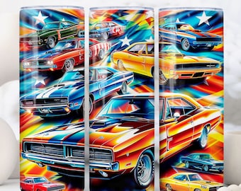 Muscle Cars Patriotic 20 oz Straight Tumbler Sublimation Design Digital Download PNG, Skinny Tumbler Design Digital, Cars Tumbler Wrap