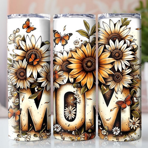 Sunflowers MOM Floral Tumbler Wrap, Mothers day tumbler wrap, Sublimation design templates, daisy flower 20 oz straight tumbler png