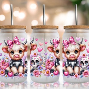 Coquette Halloween Libbey Glas Highland Cow Burkplast 16oz Sublimering Trendig Design PNG Pastell Halloween Spooky Coquette PNG Skelett bild 1