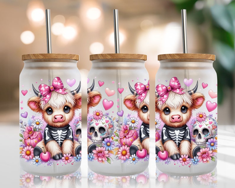 Coquette Halloween Libbey Glas Highland Cow Burkplast 16oz Sublimering Trendig Design PNG Pastell Halloween Spooky Coquette PNG Skelett bild 1