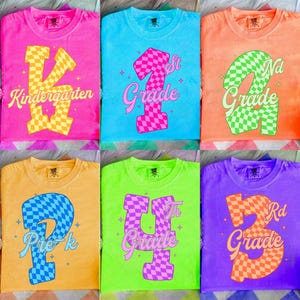 Checkered Neon Back to School PNG Bundle, Coquette Kindergarten Pre-K 1st 2nd 3rd 4th Grade Png, Hand Drawn, Girly Pink Bow Png, Colorful