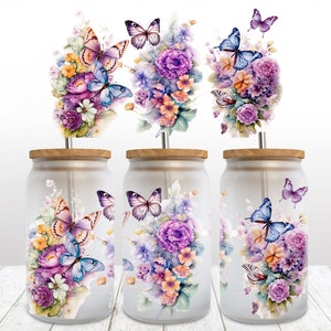 Floral Butterfly 16 oz Libbey Glass Can Tumbler Design, Floral Butterflies Can Wrap, Fashion Floral Glass Can Wrap, Colorful Floral Libbey