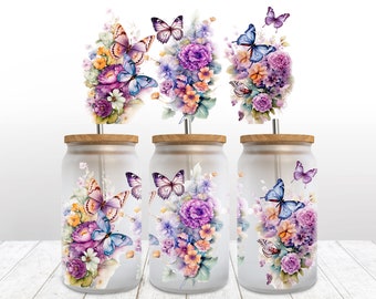 Floral Butterfly 16 oz Libbey Glass Can Tumbler Design, Floral Butterflies Can Wrap, Fashion Floral Glass Can Wrap, Colorful Floral Libbey