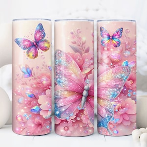 Pink Glitter Butterflies 20 oz Skinny Tumbler Sublimation, Diamond Butterfly Tumbler Designs, Watercolor, Skinny/Straight, Digital Download