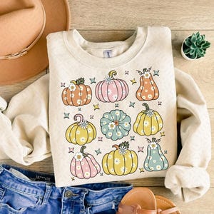May include: A beige sweatshirt with a floral pumpkin design. The pumpkins are in shades of pink, yellow, green, and orange. The design is surrounded by small white flowers and butterflies.