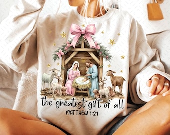 Greatest Gift of All Christmas Nativity Bow PNG, Hand-Drawn Manger Scene with Coquette Style, Sublimation Design for Festive Decor