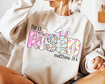 He is Risen PNG, Matthew 28:6, Christian Easter png, Jesus Easter Cross png, Bible Verse Png, Glitter Easter Png, Retro Easter Png Design