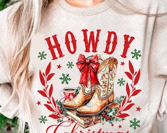 Howdy Christmas Boots Png, Cowboy Coquette Rosett, Western Christmas Png Design, Jul Png, Jul Cowboy Boots Png Design Sublimering
