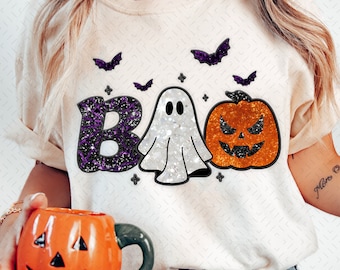 Glitter BOO Png, Cute Spooky Season png, Png ricamo finto, paillettes finte, png glitter finti, png halloween retrò, png carino halloween