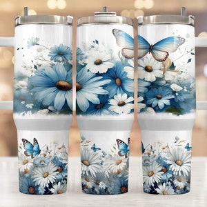 Blue daisy butterflies 40oz Quencher Tumbler Wrap, Seamless PNG Tumbler Design Sublimation Designs Downloads, botanical tumbler PNG