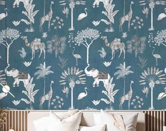 Blue Safari Animal Wallpaper Mural featuring elegant elephants