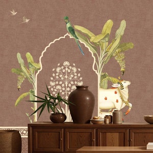 Carta da parati murale con arco indiano con mucca e vitello maestoso, staccabile e attaccabile, per la sala della casa, la camera da letto, il punto focale principale