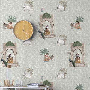 Papel tapiz de lujo tradicional indio despegable y adhesivo con diseño de vaca, Krishna y pavo real de Pichwai Art