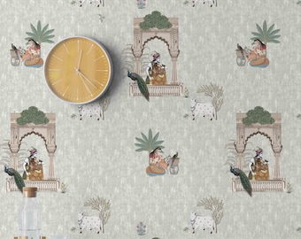 Pichwai Art Cow, Krishna and Peacock Indian Traditional Luxury Peel and Stick Wallpaper