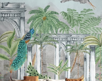 Mural de palmeras tropicales: papel pintado autoadhesivo con arcos de piedra antiguos