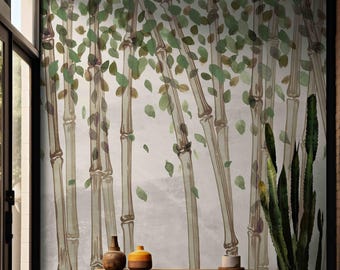 Bamboo Wallpaper: Botanical Watercolor Mural, Peel and Stick