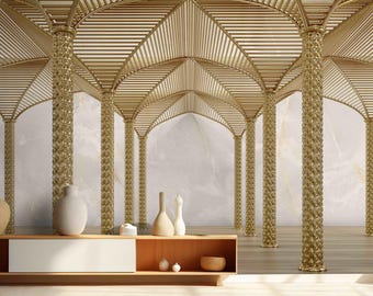 Luxury Golden Color Geometric Architectural Wallpaper Mural Accent Walls