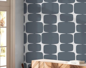 Geometric Wallpaper Blue Retro Rectangles, Peel and Stick and Traditional Paper