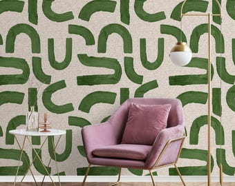 Curved Abstract Wallpaper: Green Organic Shapes, Peel and Stick