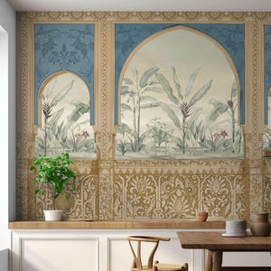 Indian Palace Botanical Arch Wallpaper Mural – Traditional Peel and Stick, Tropical Botanical Wall Art, Heritage Accent Decor
