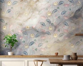 Lotus Wallpaper Pastel Botanical Floral Mural, Peel and Stick