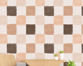 Brown Pastel Checkered Pattern, Peel and Stick Kids Wallpaper