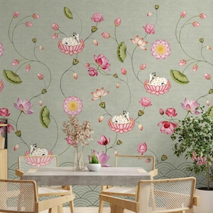 Filigrane florale Tapete Lotus und Kuh Peel-and-Stick Tapete für ein luxuriöses Zuhause