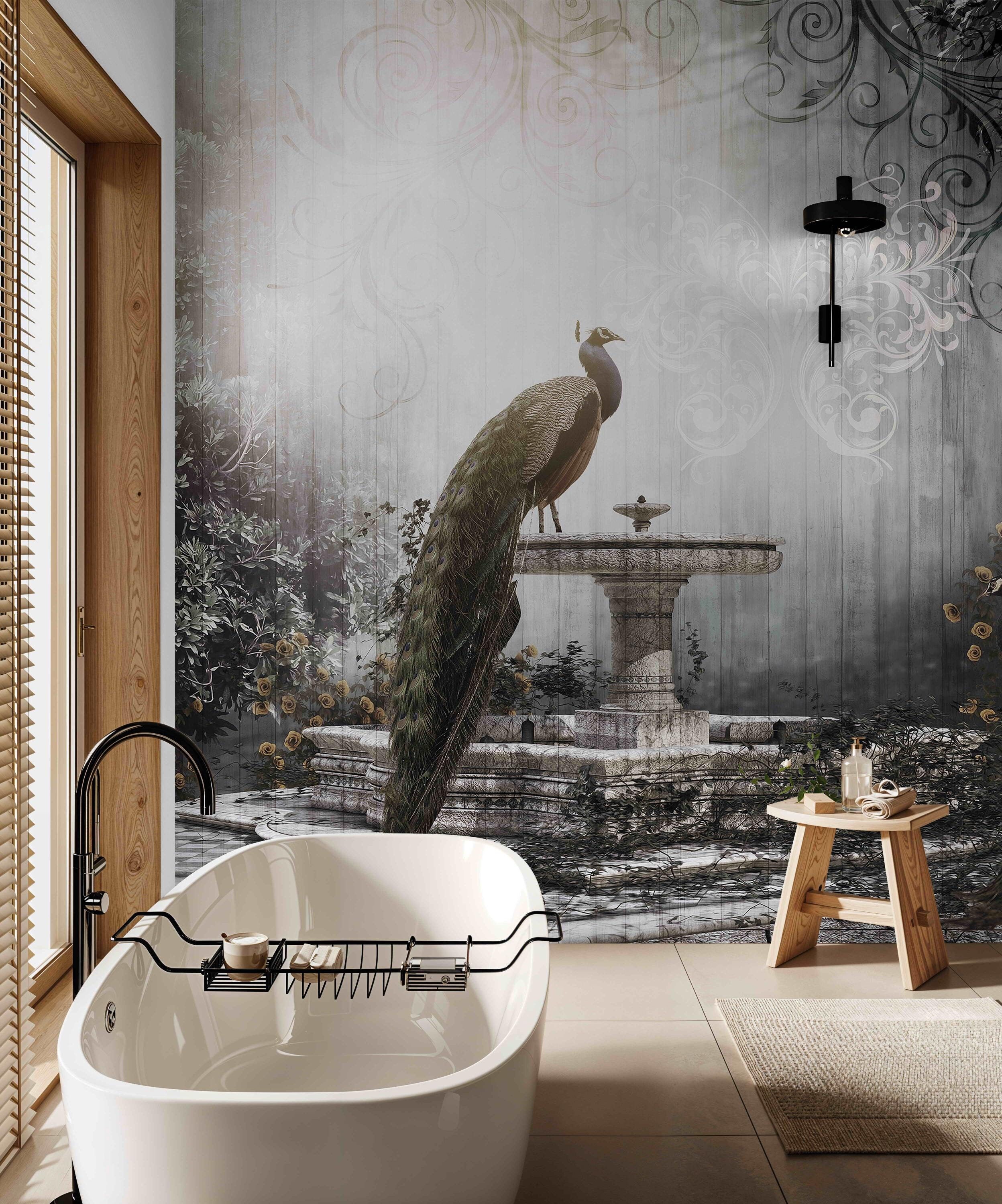 Mystical Peacock Mural A Serene Escape Peel and Stick Wallpaper