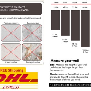 May include: A guide on how to prepare a wall for wallpaper. The guide shows different types of wall surfaces, including plain, plastered, bumpy, brick, uneven, and damaged. It also includes a chart showing the measurements of a wall in feet and inches. The text says "Don't use the wallpaper on textured or damaged wall." and "The wall should be clean and smooth, the texture should be removed."