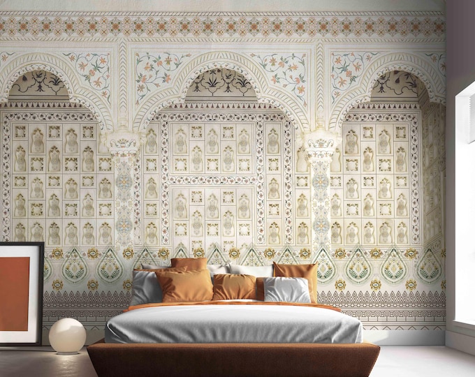 Indian Jharokha Wallpaper Mural Featuring Floral Arches, Mughal ...