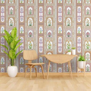 May include: A beige wallpaper with a repeating pattern of floral designs in pink, blue, and yellow. The wallpaper is framed by a wooden table and two chairs.