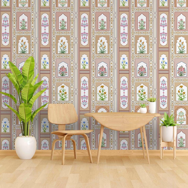 May include: A beige wallpaper with a repeating pattern of floral designs in pink, blue, and yellow. The wallpaper is framed by a wooden table and two chairs.