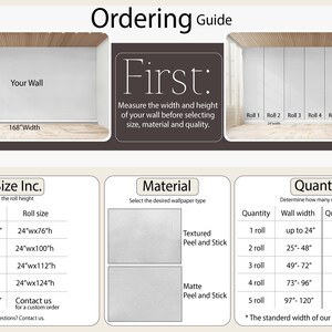 May include: A guide for ordering wallpaper, showing the steps to determine the size, material, and quantity needed. The guide includes a table for wall height and corresponding roll size, a table for material options, and a table for wall width and corresponding number of rolls needed.