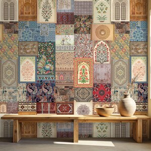 May include: A patchwork wall with various rectangular panels featuring floral, paisley, and architectural designs in shades of blue, red, brown, and beige. A wooden bench and decorative vase are in front of the wall.