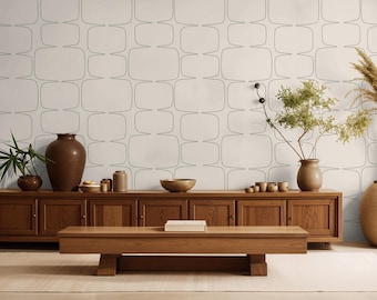 Geometric Wallpaper Sage Green Line Art Decor on Beige Bacground Mid-Century, Peel and Stick Murals