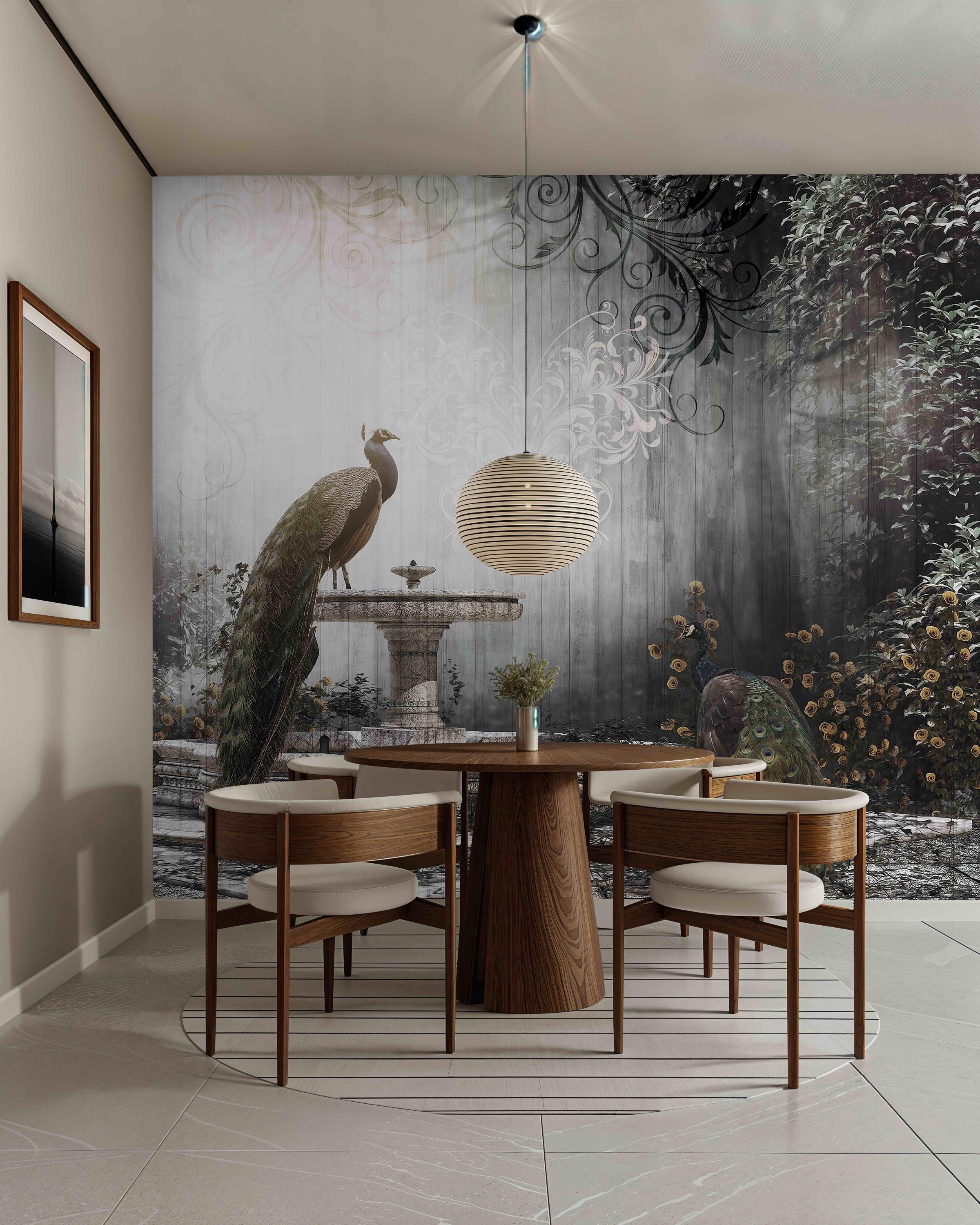 Mystical Peacock Mural A Serene Escape Peel and Stick Wallpaper