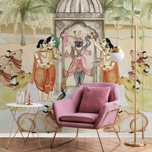 Spiritual Indian Art Wallpaper Mural Lord Krishna Peel and Stick Wallpaper for Home