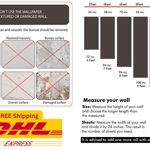 May include: A guide on how to measure a wall for wallpaper. The guide includes a chart showing the different sizes of wallpaper rolls and how to calculate the number of rolls needed. It also includes a section on the types of walls that are suitable for wallpapering, with illustrations of different wall surfaces.
