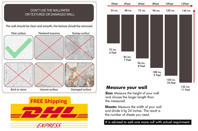 May include: A guide on how to measure a wall for wallpaper. The guide includes a chart showing the different sizes of wallpaper rolls and how to calculate the number of rolls needed. It also includes a section on the types of walls that are suitable for wallpapering, with illustrations of different wall surfaces.