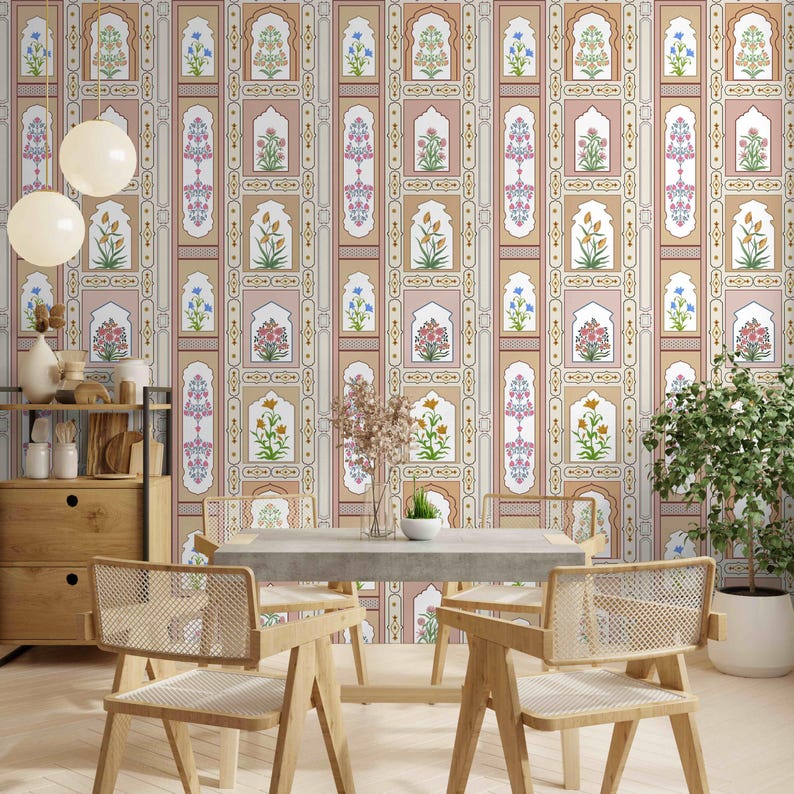 May include: A beige and white wallpaper with a repeating pattern of floral arches. The wallpaper is in a dining room with a wooden table and chairs.