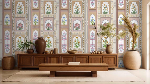 Handcrafted Jharokha Peel & Stick Wallpaper: Traditional Indian Arch Design, Removable