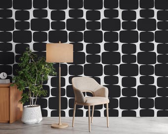 Papel de parede geométrico preto e branco estilo meados do século XX, autoadesivo